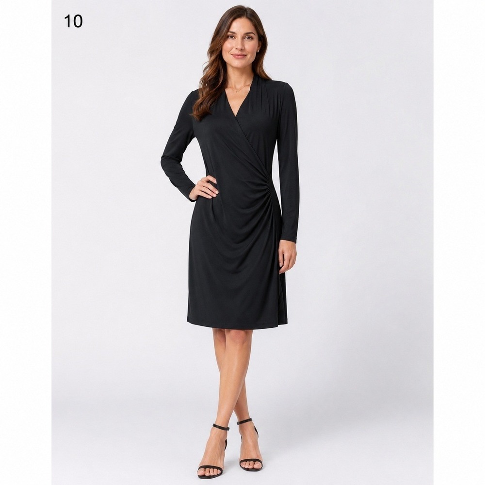KamaliKulture Faux Wrap Dress Womens Small Black Polyester Ruched Side NEW